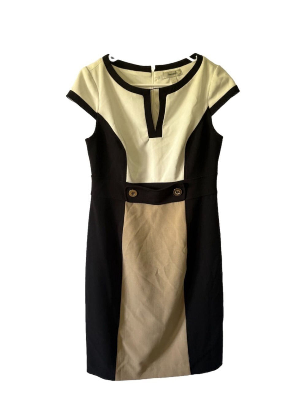 Dressbarn Cap Sleeve Sheath Dress Size 8 Colorblock Black White Tan Gold Buttons